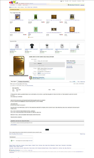 mrslegohead eBay Listing Using our Baird & Co One Ounce Gold Bullion Bar Photograph